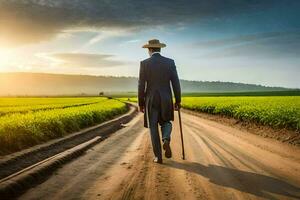 een Mens in een pak en hoed wandelingen naar beneden een aarde weg. ai-gegenereerd foto