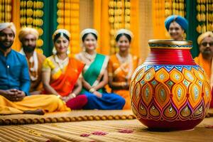 een groep van mensen in Indisch kleding zitten in de omgeving van een kleurrijk vaas. ai-gegenereerd foto