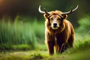 een jak met hoorns staand in de gras. ai-gegenereerd foto