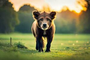 een bruin hond is wandelen in de gras. ai-gegenereerd foto