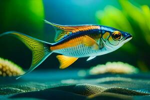 een vis met blauw en oranje strepen zwemmen in de water. ai-gegenereerd foto