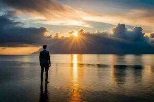 een Mens staand Aan de strand Bij zonsondergang. ai-gegenereerd foto