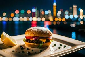 een Hamburger Aan een bord met een stadsgezicht in de achtergrond. ai-gegenereerd foto