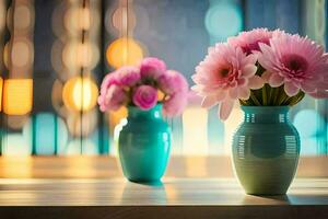 twee vazen met roze bloemen zittend Aan een tafel. ai-gegenereerd foto