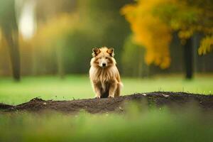 een hond is staand Aan een aarde heuvel in een veld. ai-gegenereerd foto