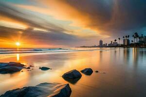 de zon sets over- de strand en stad horizon. ai-gegenereerd foto