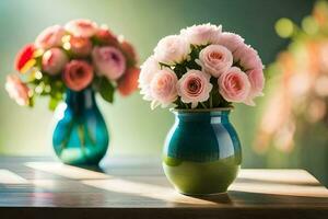 roze rozen in een groen vaas Aan een houten tafel. ai-gegenereerd foto