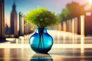 een blauw vaas met groen planten zittend Aan een stoep. ai-gegenereerd foto