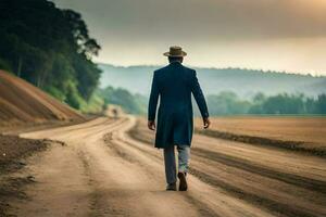 een Mens in een pak en hoed wandelen naar beneden een aarde weg. ai-gegenereerd foto