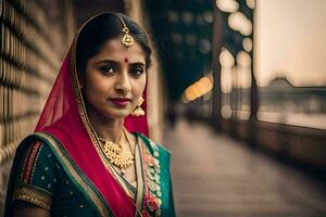 een mooi Indisch vrouw in traditioneel kleding. ai-gegenereerd foto