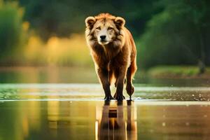 een leeuw wandelen aan de overkant een rivier- in de water. ai-gegenereerd foto