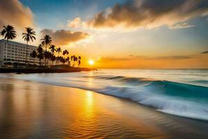 de zon sets Aan de strand in puerto rico. ai-gegenereerd foto