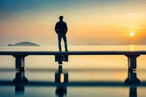 een Mens staand Aan een pier op zoek Bij de zon instelling. ai-gegenereerd foto