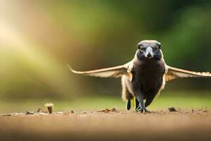 een vogel met haar Vleugels verspreiding uit Aan de grond. ai-gegenereerd foto