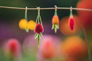 rood bloemen hangende van een Kledinglijn. ai-gegenereerd foto