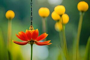 een rood bloem is hangende van een snaar. ai-gegenereerd foto