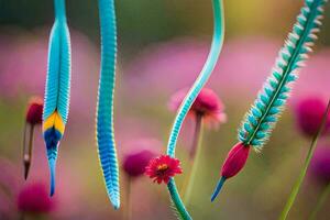kleurrijk veren en bloemen zijn getoond in een veld. ai-gegenereerd foto