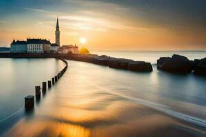 de zon sets over- een kerk en pier in de water. ai-gegenereerd foto