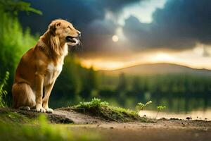 hond zittend Aan de rand van een meer Bij zonsondergang. ai-gegenereerd foto