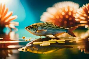 vis in water met bloemen en planten. ai-gegenereerd foto