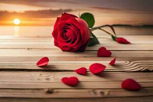 rood roos Aan de houten tafel met harten verspreide in de omgeving van. ai-gegenereerd foto