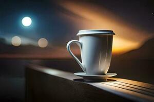koffie kop Aan de balkon, nacht, maan, licht, maanlicht, de maan,. ai-gegenereerd foto