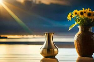 zonnebloemen in vazen Aan een tafel in voorkant van de oceaan. ai-gegenereerd foto