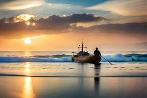 een Mens in een boot Aan de strand Bij zonsondergang. ai-gegenereerd foto