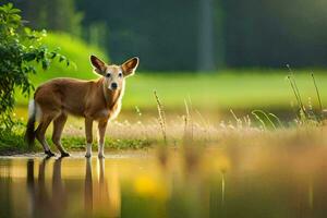 een bruin hond staand in de water in de buurt gras. ai-gegenereerd foto