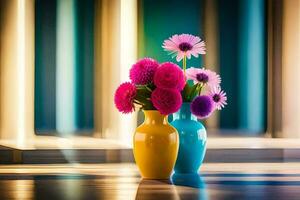 twee kleurrijk vazen met bloemen in hen. ai-gegenereerd foto