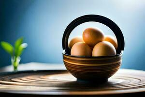 een mand van eieren Aan een tafel. ai-gegenereerd foto