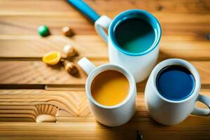 drie cups van koffie met verschillend kleuren. ai-gegenereerd foto