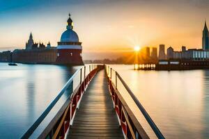 een brug over- water met een stad in de achtergrond. ai-gegenereerd foto