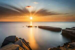 de zon stijgt over- de oceaan en rotsen. ai-gegenereerd foto