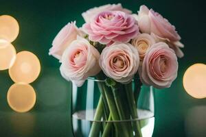 roze rozen in een glas vaas Aan een tafel. ai-gegenereerd foto