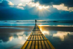 de Mens is staand Aan de houten promenade Aan de strand. ai-gegenereerd foto