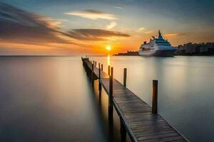 een reis schip aangemeerd Bij de einde van een pier Bij zonsondergang. ai-gegenereerd foto