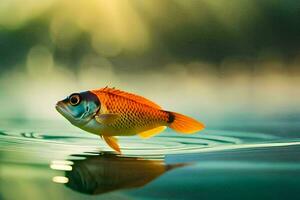 een vis is drijvend Aan de water met een zon in de achtergrond. ai-gegenereerd foto