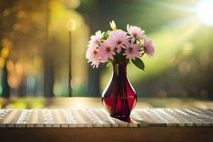 een vaas met roze bloemen Aan een tafel. ai-gegenereerd foto