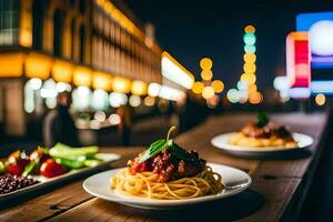 spaghetti en salade Aan een houten tafel. ai-gegenereerd foto