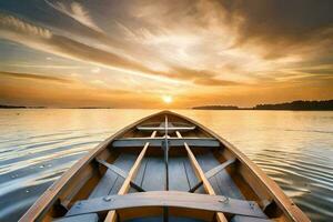 de boot is in de midden- van de water Bij zonsondergang. ai-gegenereerd foto