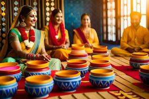 Indisch bruiloft ceremonie met Dames spelen trommels. ai-gegenereerd foto