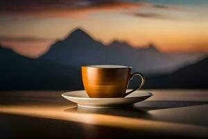 een koffie kop Aan een tafel in voorkant van bergen. ai-gegenereerd foto