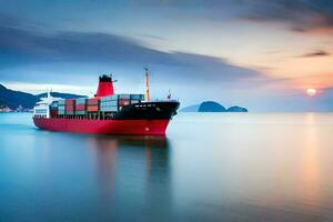 een rood lading schip in de oceaan Bij zonsondergang. ai-gegenereerd foto