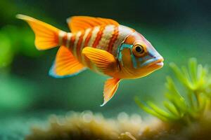 een oranje vis zwemmen in een aquarium. ai-gegenereerd foto