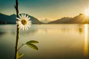 een single bloem staat in voorkant van een meer en bergen. ai-gegenereerd foto