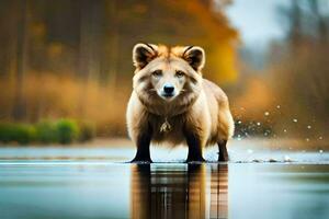 een hond staand in de water met haar poten uit. ai-gegenereerd foto