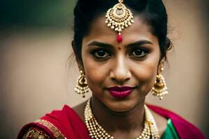 een mooi Indisch vrouw vervelend sieraden en een rood sari. ai-gegenereerd foto