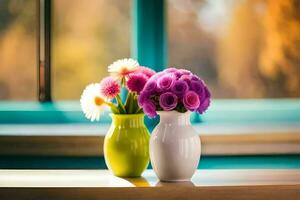 twee vazen met bloemen Aan een tafel in voorkant van een venster. ai-gegenereerd foto