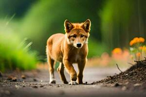 een klein bruin hond wandelen Aan een aarde weg. ai-gegenereerd foto